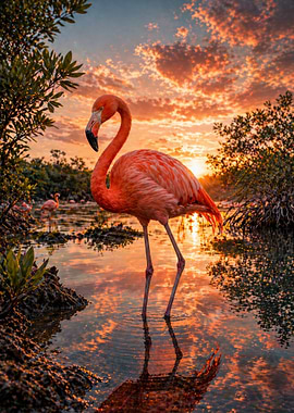 Flamingo at Sunset Reflection