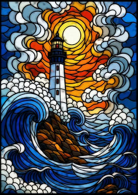 Stained Glass Lighthouse and Waves