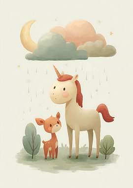 Unicorn and Deer in Magical Rain