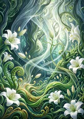 Enchanted Forest with White Lilies