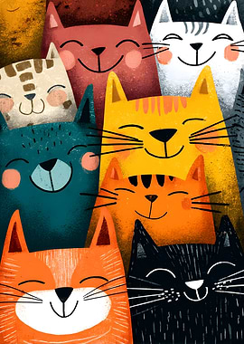 Stack of Cute Happy Cartoon Cats