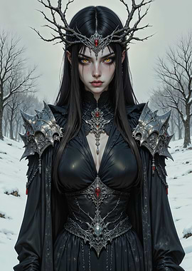 Dark Fantasy Queen in Winter Forest