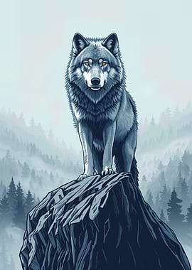 Majestic Wolf on Misty Peak — Stylized Forest Illustration