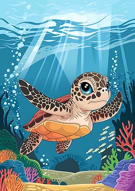 Cute Sea Turtle Swimming Underwater