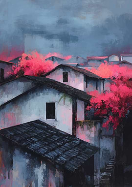 Village with Pink Trees