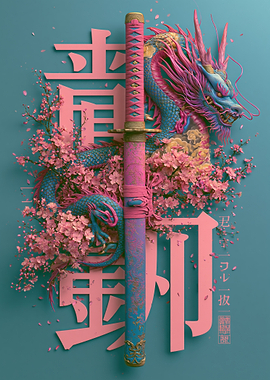 Dragon and Katana with Cherry Blossoms
