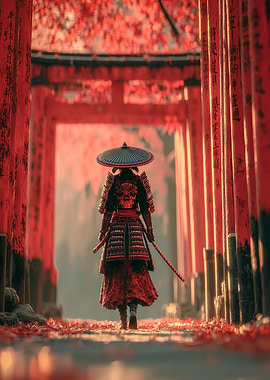 Samurai Warrior in Red Torii Gates
