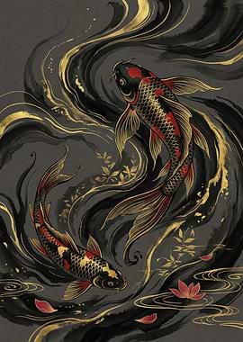 Two Koi Fish in Black and Gold Water