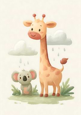 Cute Giraffe and Koala in the Rain