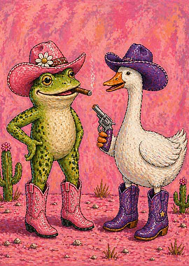 Cowboy Frog and Duck in Desert
