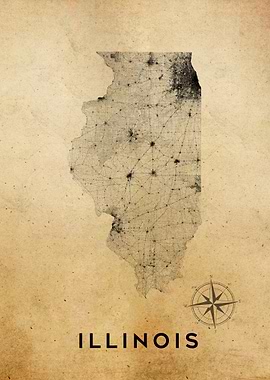 Illinois Map with Roads and Cities Vintage