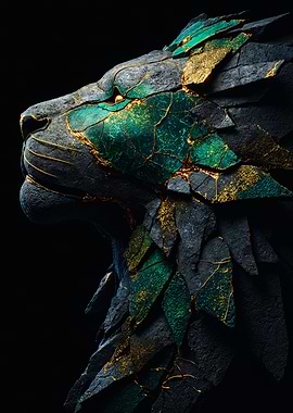 Emerald Gold Kintsugi Lion Art
