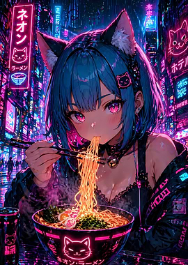 Anime Girl Eating Ramen in Neon City