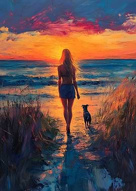 Woman and dog on beach at sunset
