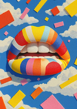 Rainbow Lips with Clouds and Confetti