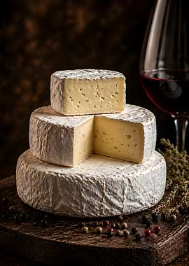 Stack of Brie cheese with wine