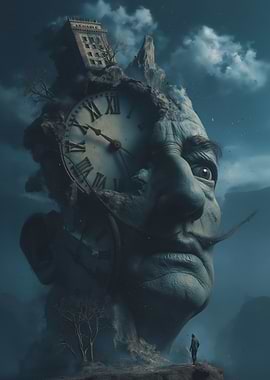 Surreal Face with Clock and Landscape