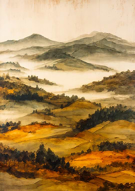 Misty Golden Mountain Landscape Painting
