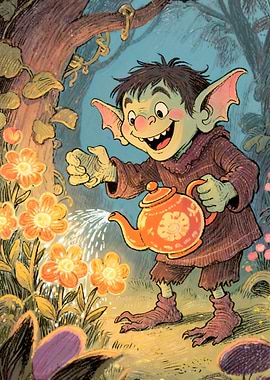 Goblin watering glowing flowers