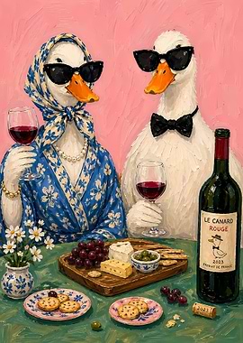 Ducks Enjoying Wine and Cheese