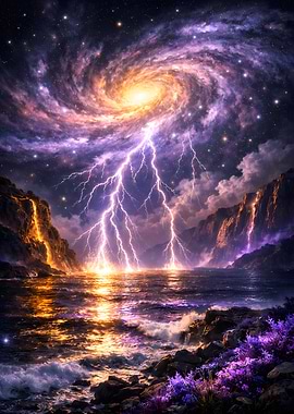 Cosmic Lightning Over Ocean Landscape