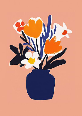 Abstract Floral Arrangement in Blue Vase