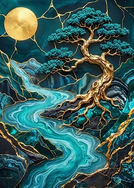 Golden Bonsai Tree and River