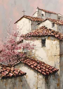 Mediterranean Village with Cherry Blossoms