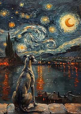 Dog gazing at starry night cityscape
