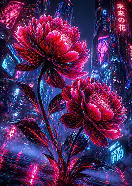 Cyberpunk Peonies in Neon City