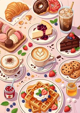 Assortment of Sweet Breakfast Pastries and Coffee