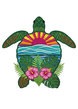 Sea Turtle with Tropical Sunset and Flowers
