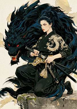 Samurai Warrior woman with Black Wolf