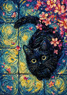 Black Cat Among Cherry Blossoms