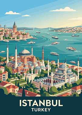 Istanbul Cityscape with Mosques and Bosphorus
