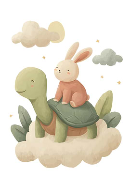 Cute Bunny Riding a Turtle on Clouds