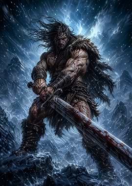 Muscular Barbarian Warrior in Snow