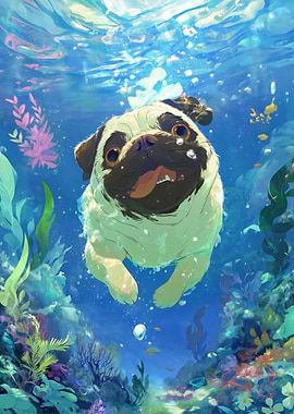 Cute Pug Swimming Underwater