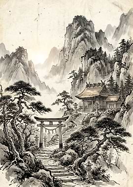 Japanese Mountain Shrine Landscape