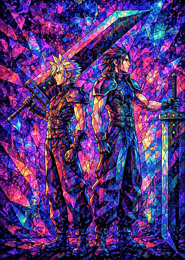 Cloud and Zack in Stained Glass Style