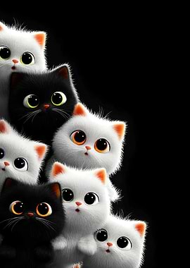 Cute Cartoon Kittens on Black Background