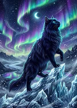 Black Cat Under Aurora Borealis