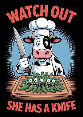 Chef Cow with Knife and Scared Peas