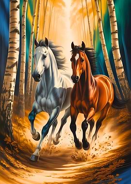 Two Horses Running Through a Forest