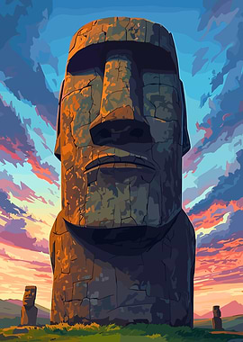 Moai statues at sunset
