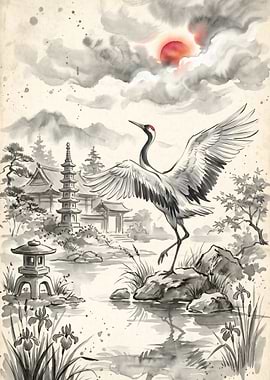 Japanese Crane and Temple Garden