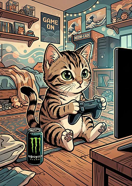 Cat Gamer with Monster Energy