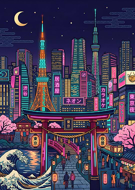Neon Tokyo Night Cityscape Japanese Art Ukiyo E Wave of Kanagawa Blossom