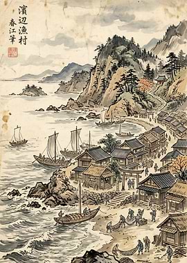 Traditional Japanese Fishing Village Scene