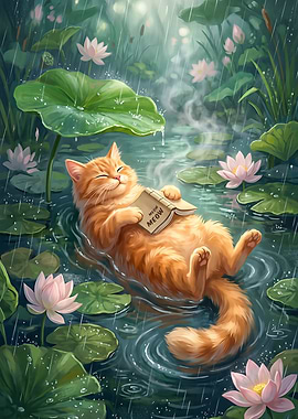 Cat Reading a Book in the Rain